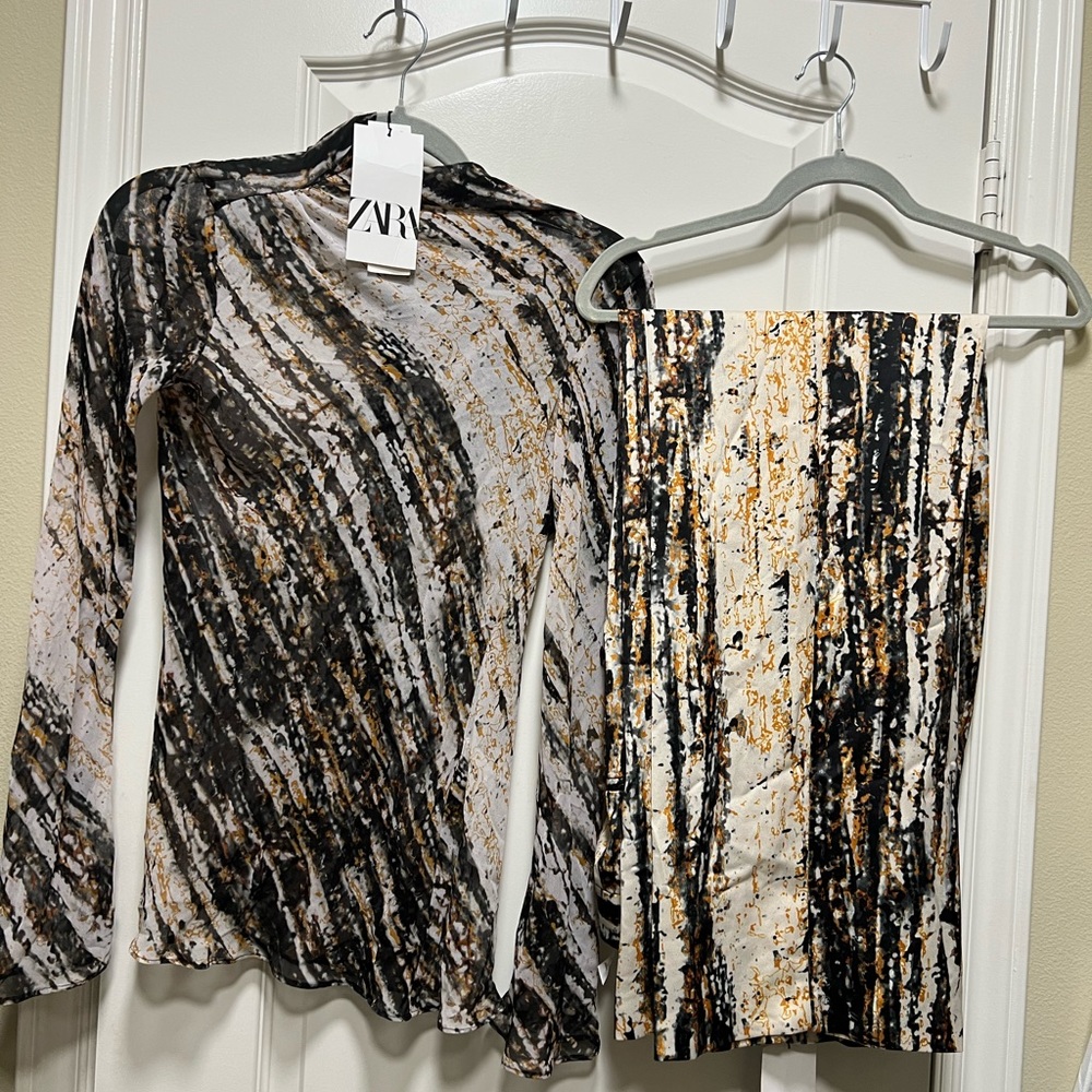 New Zara Wide Leg printed pants and shirt multi color XS